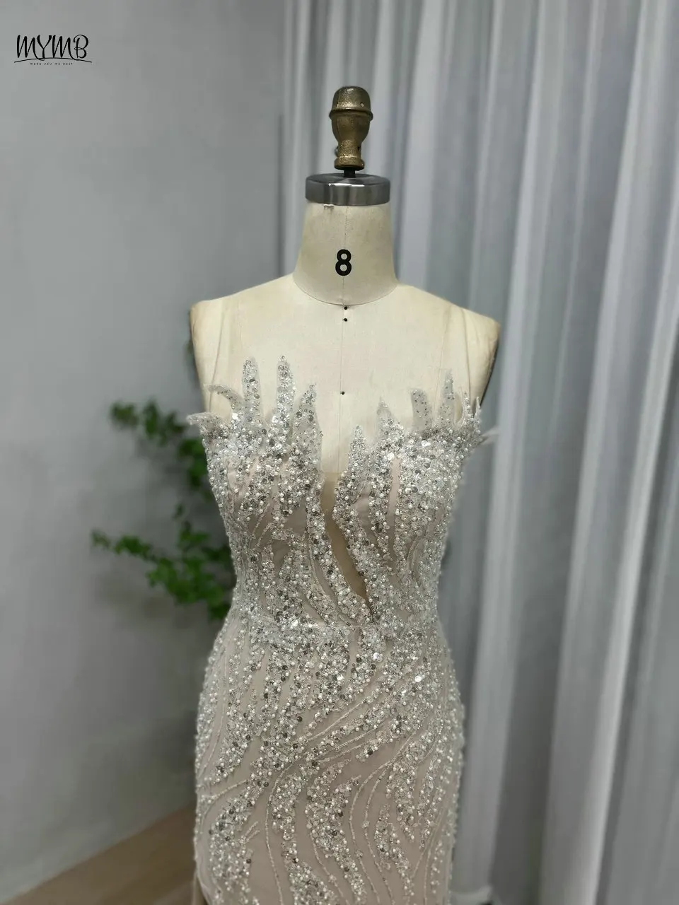 MYMB 신상 독점 화이트 스트랩리스 튤 롱 웨딩 파티 드레스 아랍 럭셔리 비즈 장식 머메이드 슬릿 프롬 파티 가운 (여성용)