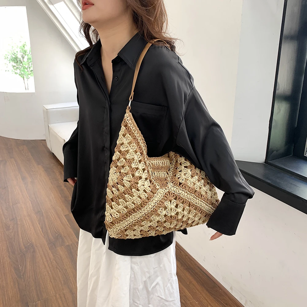 Women Mesh Storage Bag Extra Large Weave Straw Swimming Beach Bag Solid Shoulder Bag Hollow Out Shopper Bag Handlebag