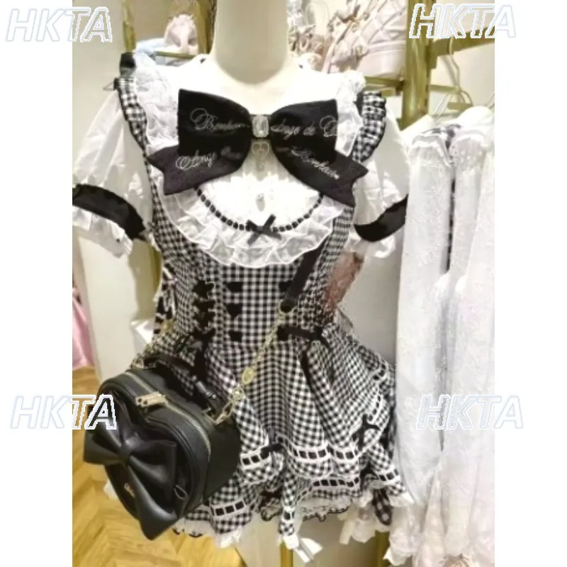 Japanese 2026 Sweet Lace Splicing Bow Strap High Waist Short Sleeve Lolita Dress Liz Pleated Dress Shorts Two Pieces Sets Women