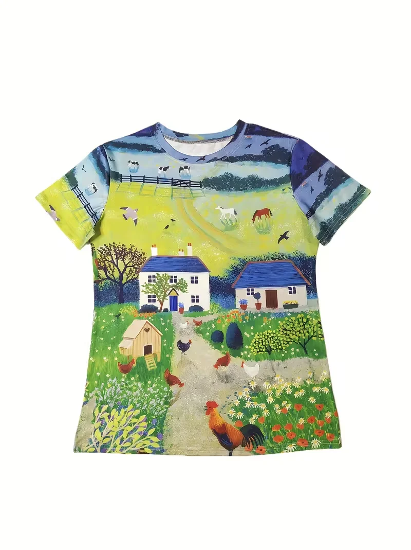 Adult and Children's Healing Pastoral Farm Oil Painting Style 3D Printed T-shirt, Countryside Chicken Coop Landscape Casual Top