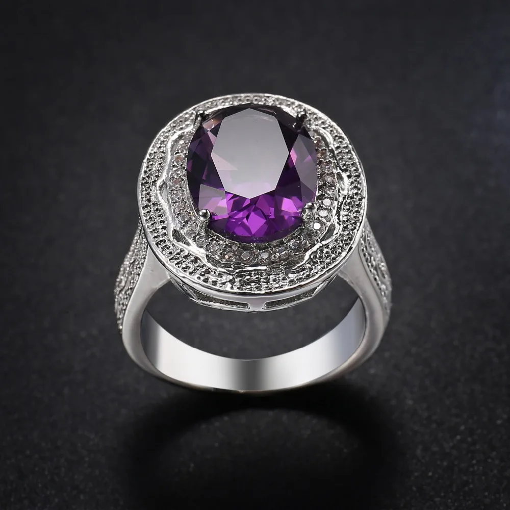 Classic Silver Female Girl Big AAA Purple Crystal CZ Stone Ring Wedding 925 Sterling Silver Rings Promise Engagement Ring