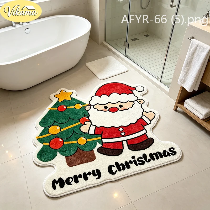 VIKAMA Christmas Santa and Christmas Tree Shaped Rug Cute Cartoon Soft Plush Non Slip Floor Mat Winter Holiday Home Decor