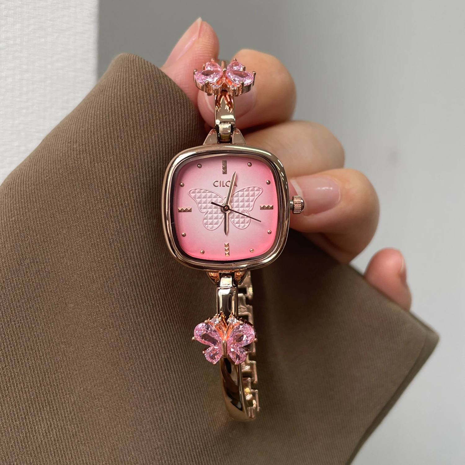 CILOA-Elegant Ladies Bangle Quartz Watch Square Pink Dial Butterfly Crystal Decor Rose Gold Strap Fashion Women Wristwatch-2629