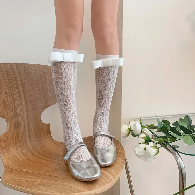 Korean Style Choldren Mesh Lace Japanese Fashion Sweet Girls Kawaii Cute Elastic High Long Socks JK Lolita Bow Knee Stockings