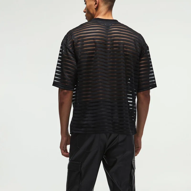 Men's Loose Fit Hollow out Short Sleeve T-Shirt Horizontal Stripes Party Wear Top Breathable Polyester Casual round Neck
