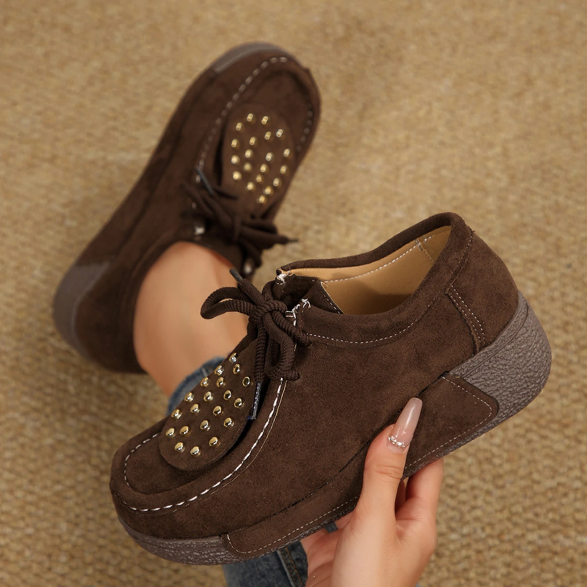 Autumn Women wedge heel Lace-up Upper Studded Decoration Suede Shoes Fashion Ladies Platform Flats comfortable casual sneakers