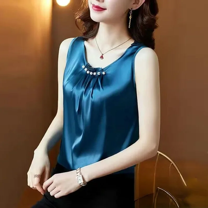 Silk Women Tops Satin Blouses for Women Beading Silk Blouse Top Woman Sleeveless Shirts Tops Sexy Woman Satin Shirts