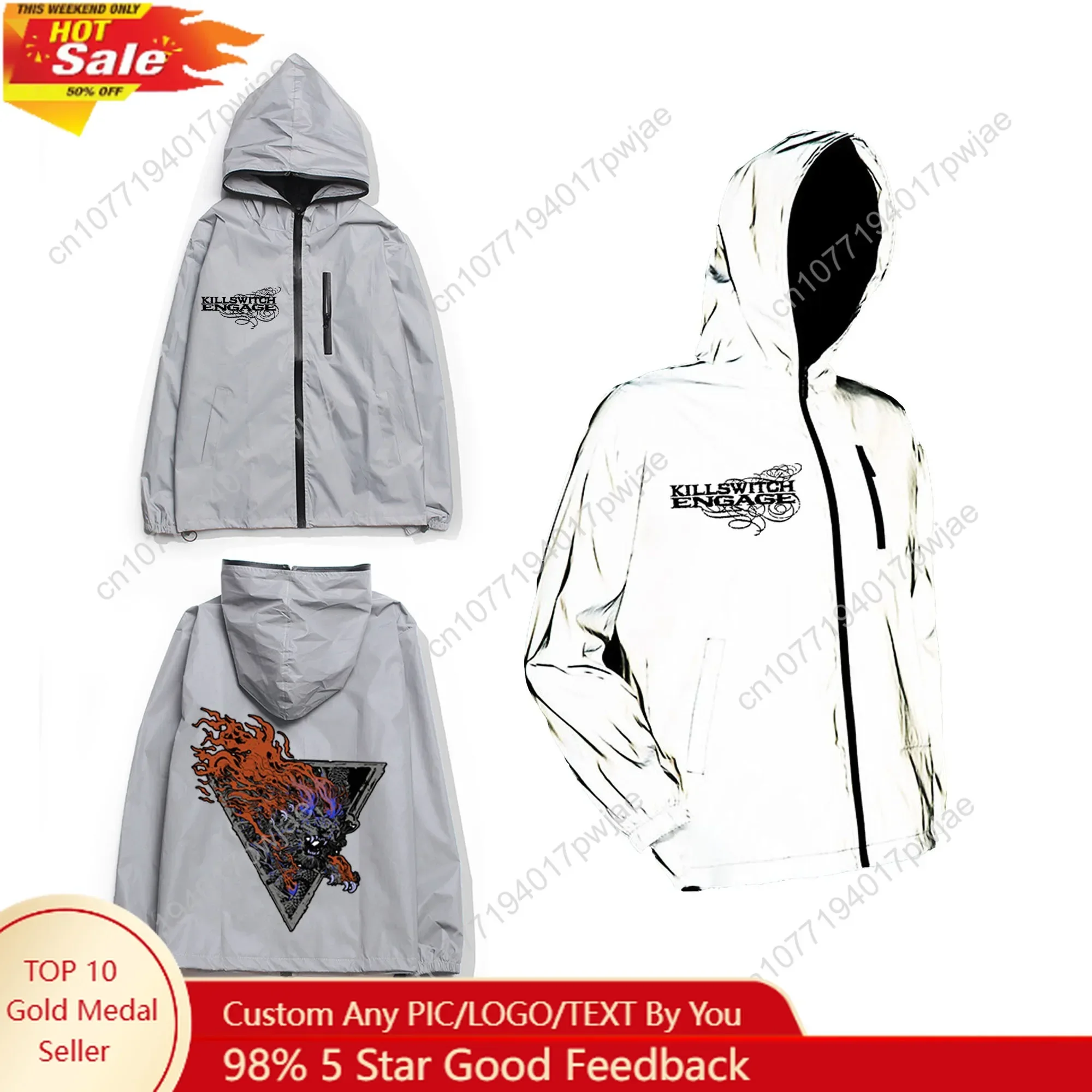 Chaqueta reflectante de la banda Killswitch Engages, para hombre y mujer, con capucha, cortavientos, chaqueta deportiva con bolsillos, ideal para senderismo, con cremallera y capucha personalizable.
