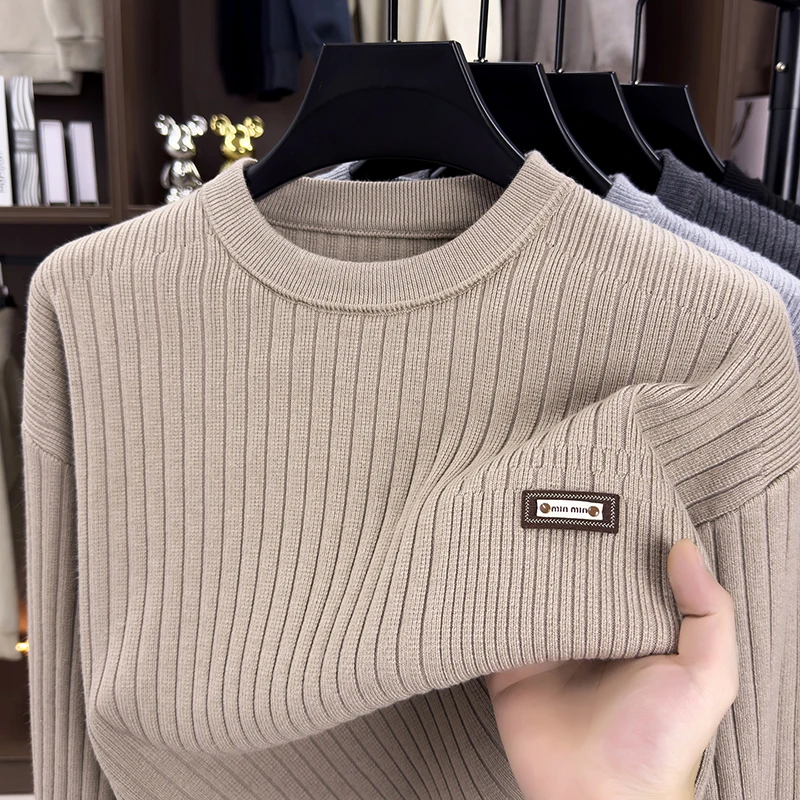 Autumn and Winter Thick Sweater Men's Heavy Vertical Stripe Middle-aged and Young Round Neck Fashionable Versatile Base Shirt