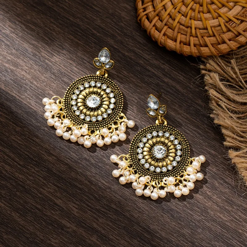 Fashion Vintage Blue Rice Beads Tassel Earrings Bohemian Alloy Round Hollow Rhinestone Dangle Earrings for Women Indian Jewelry