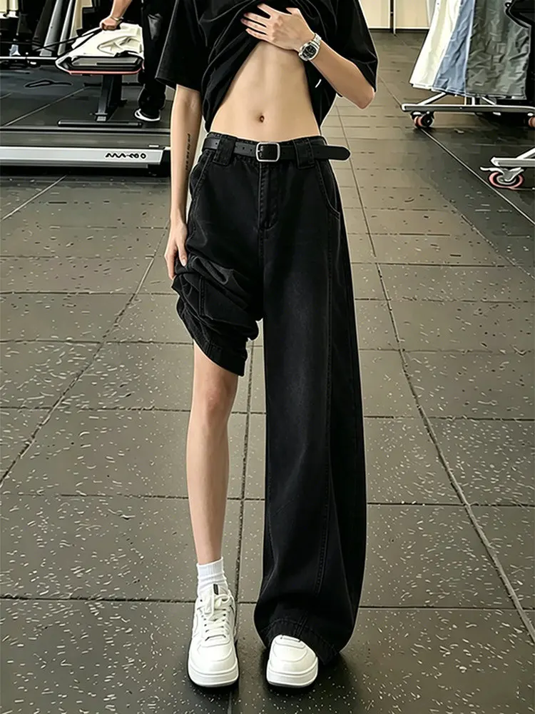 Calças Jeans Unissex de Seda Gelada, Estilo Vintage, Caimento Solto e Fluido, Perna Larga e Reta, Moda Jovem de Verão