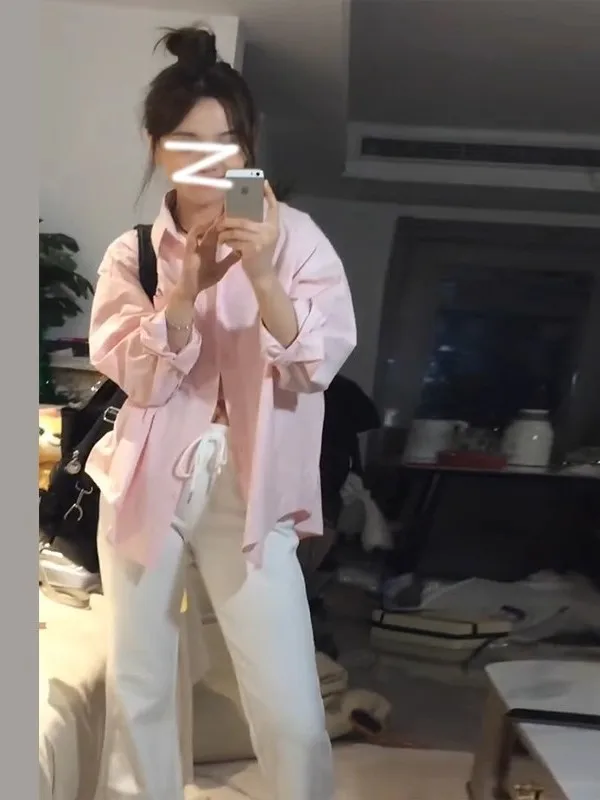 

Pink Long Sleeve Shirt Jacket Women's Spring Autumn Loose Design Sensation Elegant Beautiful Small Shirt French Style Co...