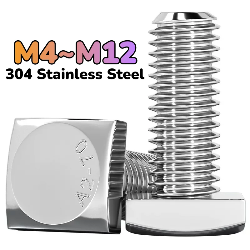 M4 M5 M6 M8 M10 M12 304 Stainless Steel Square Head Bolts Flat Foursquare Quadrate Shape Head Full Thread Machine Screw GB35