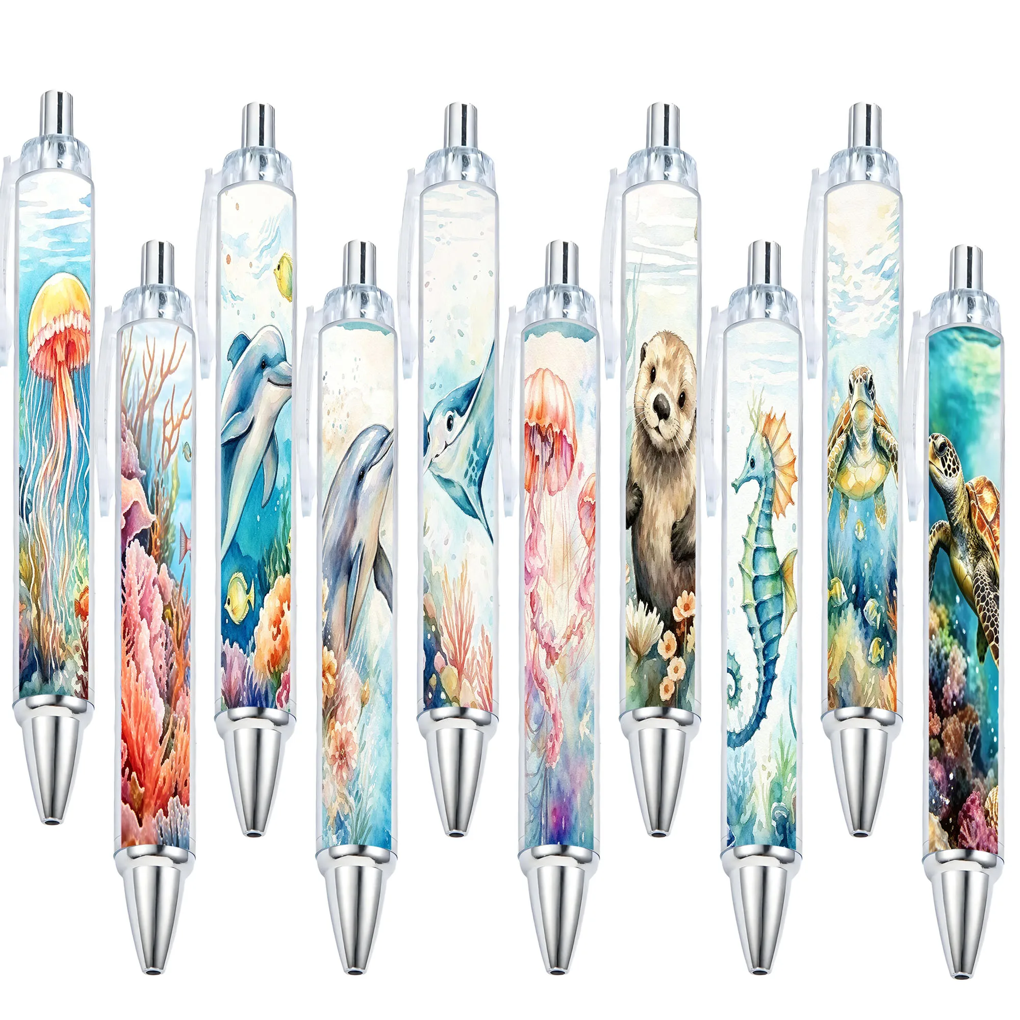 10pcs Watercolor Underwater Marine Life Theme Press Neutral Pen School Season Student Writing Pen Gift Pen Pattern Random