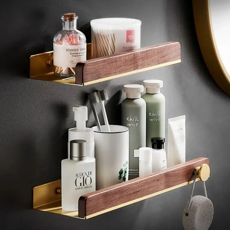 

30-50cm Brushed Gold Bathroom Corner Shelf Wall-mounted Shower Room Toilet Walnut Wood Cosmetic Storage Rack with Hook Rod