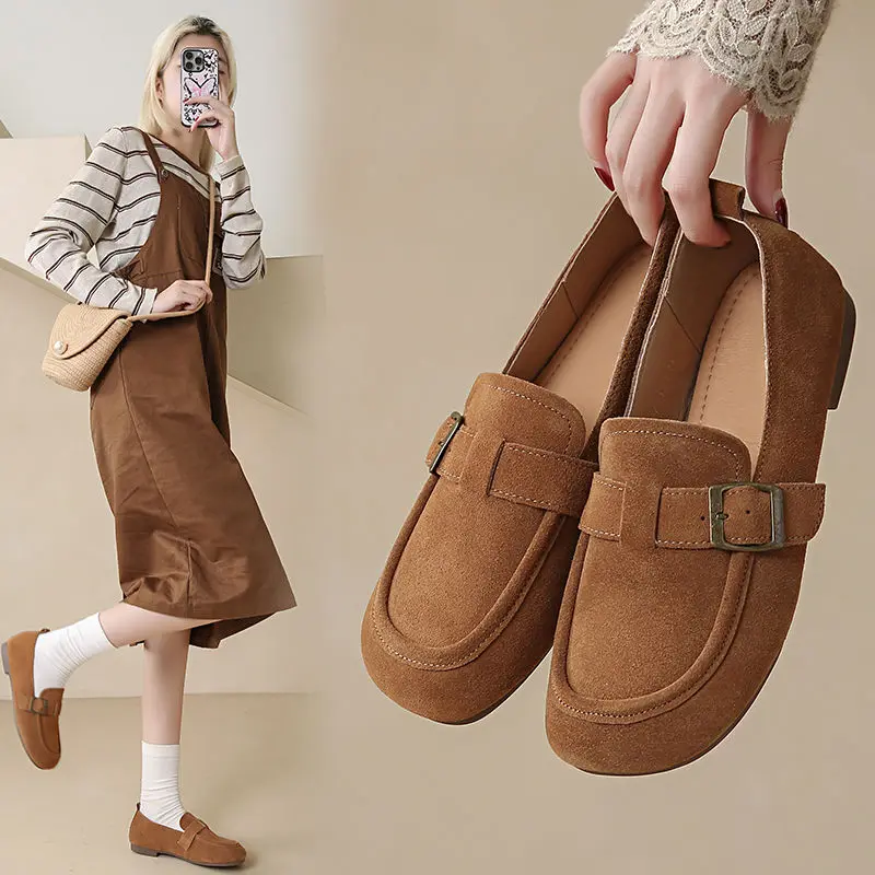 

Ladies Wide Suede Flats Woman Buckle Round Toe Slip-on Moccasins Women Flock Loafers Brand Luxury Female Shoes