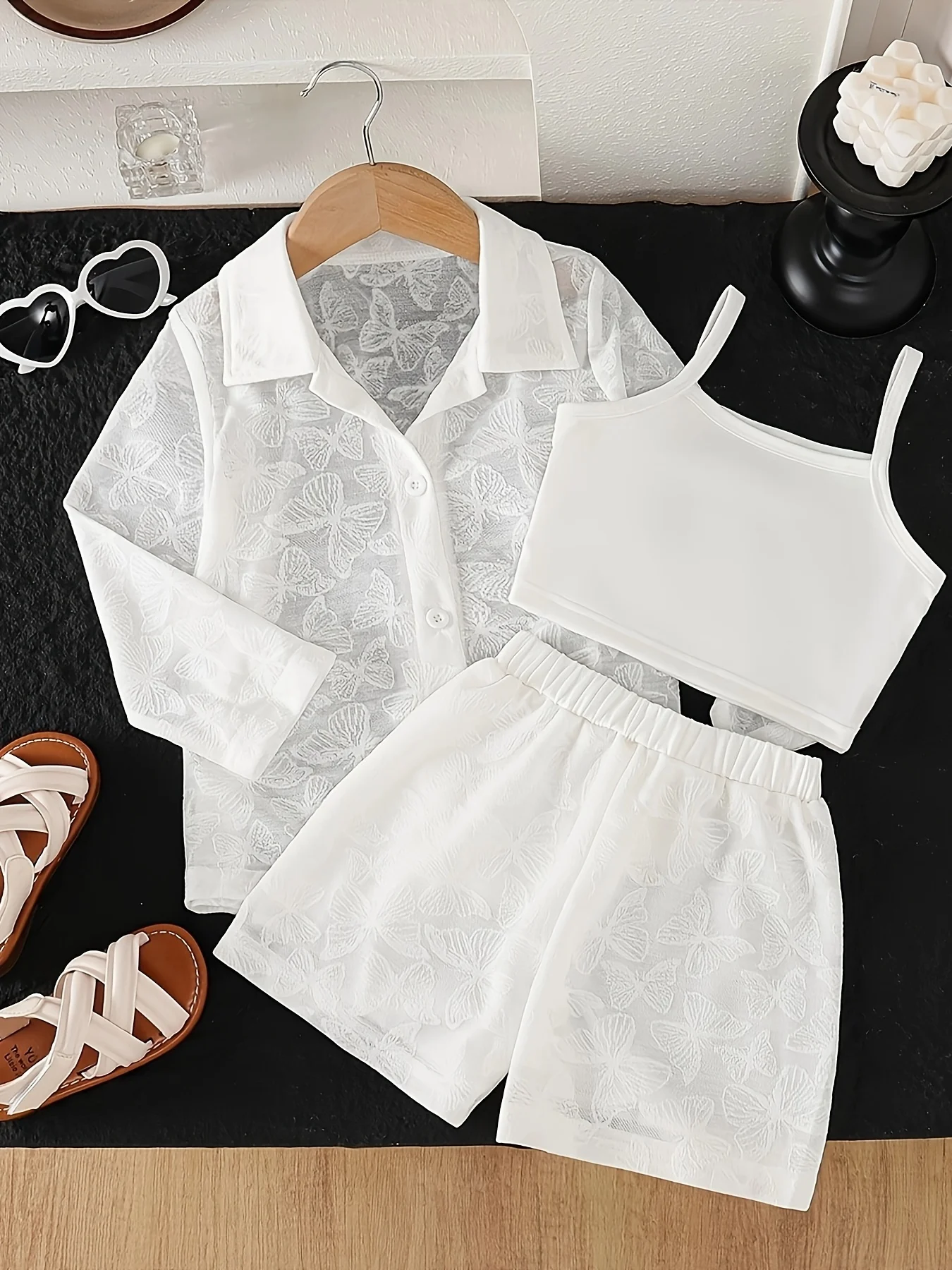 Girls' three piece solid color butterfly embroidered lapel jacket and camisole top paired with shorts for casual fashion