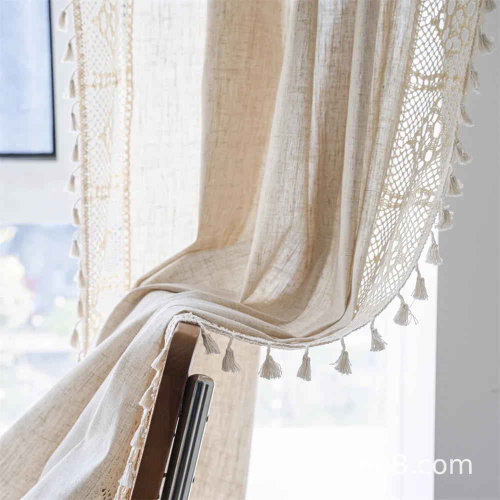 Cortinas semi-opacas de linho Clochef-Boho, bolso de haste, creme de fazenda, serapilheira de algodão artesanal, renda costurada, cortina de borla
