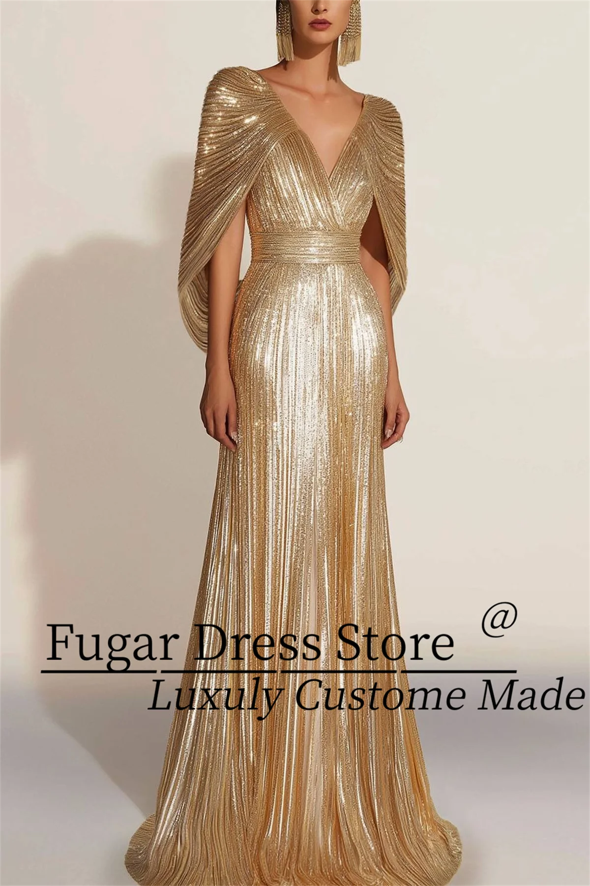 TIANTIAN  Magnificent Fringe Dress Gold Cape V-neck Formal Wedding Party Dress Prom dresses Floor-length Gown robes de soirée