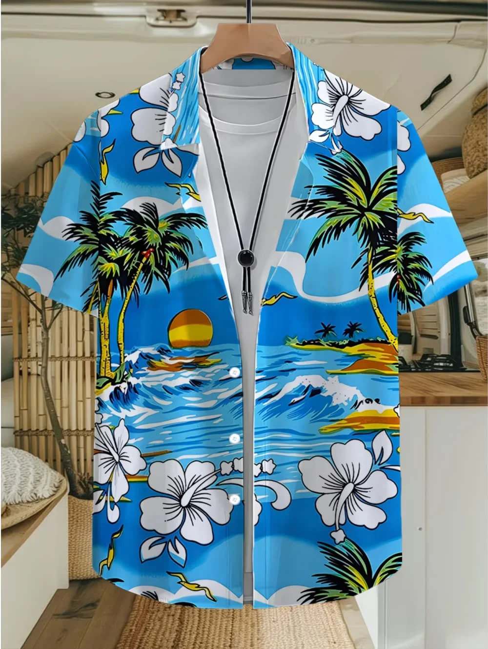 Retro Cartoon Island Sunset Waves Palm Hibiscus Print Short Sleeved Shirt Loose Men's Thin Shirt