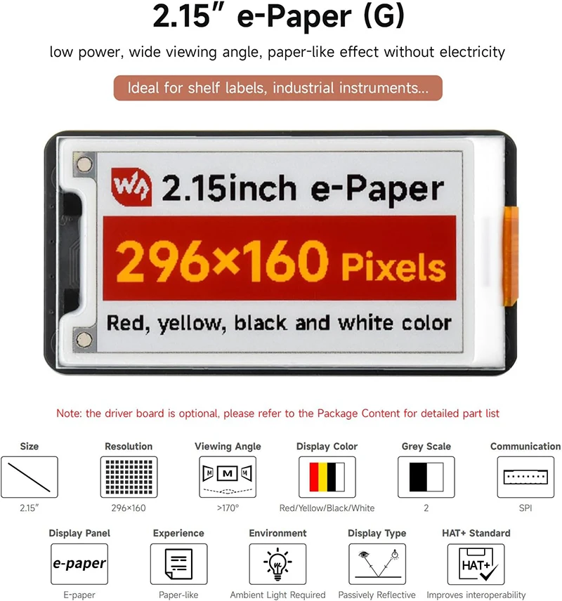 Waveshare Layar E-paper 2.15 Inci (G) SPI 296X160 Layar E-ink Merah/Kuning/Hitam/Putih UNTUK Arduino/ESP32/Raspberry Pi 5 4 3B