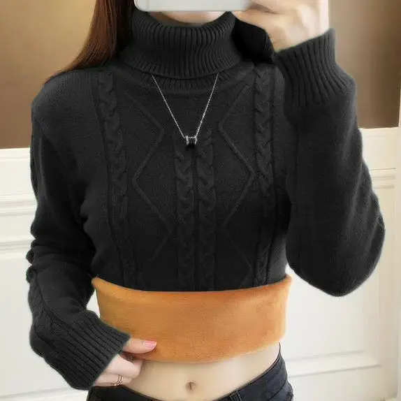 

Turtleneck Fleece Lined Sweater Women Warm Knitted Slim Fit Thermal Underwear Top