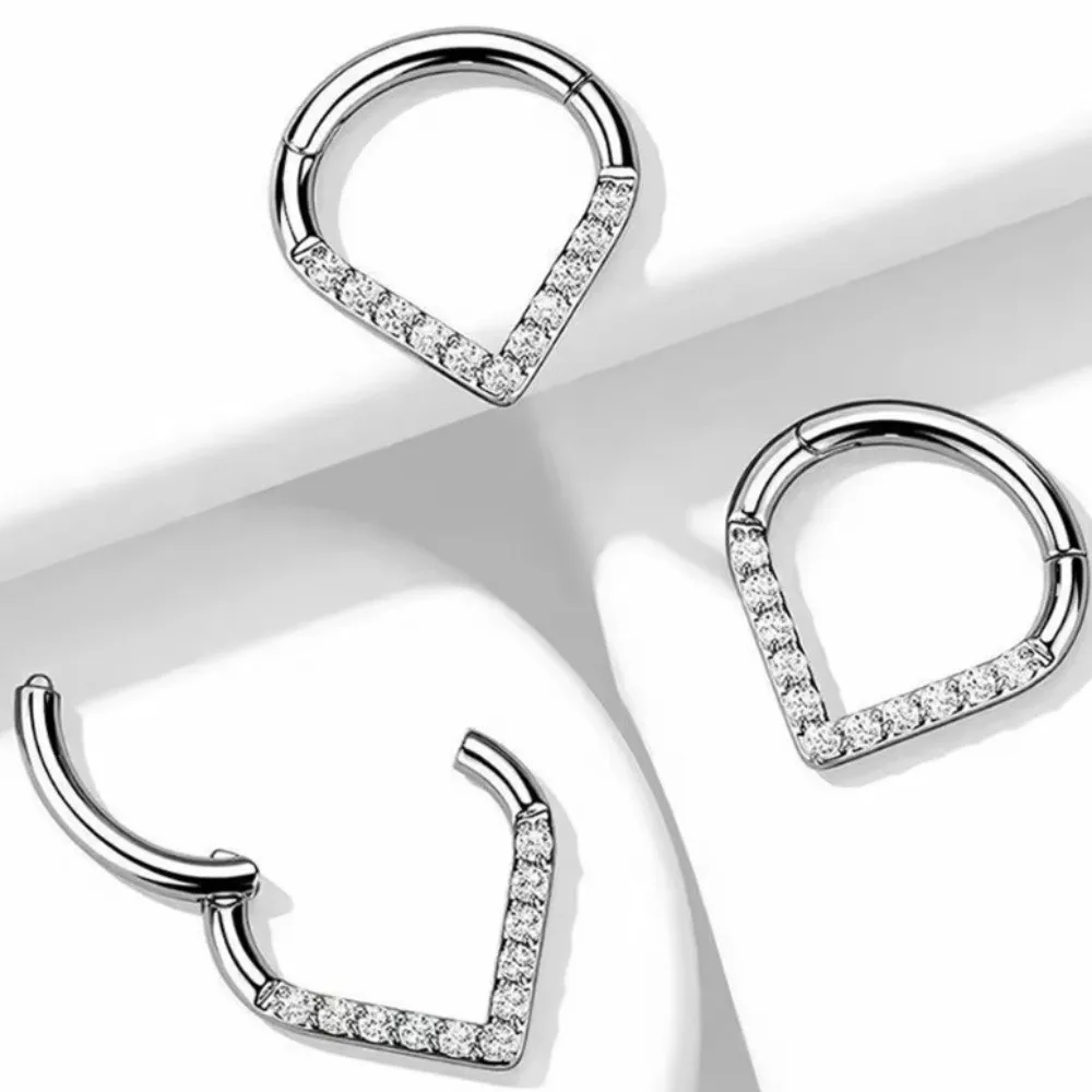 Piercing de acero quirúrgico para labio, labret, septum y nariz, tipo clicker, con forma de lágrima y diamantes de imitación, en plata y oro, para mujer