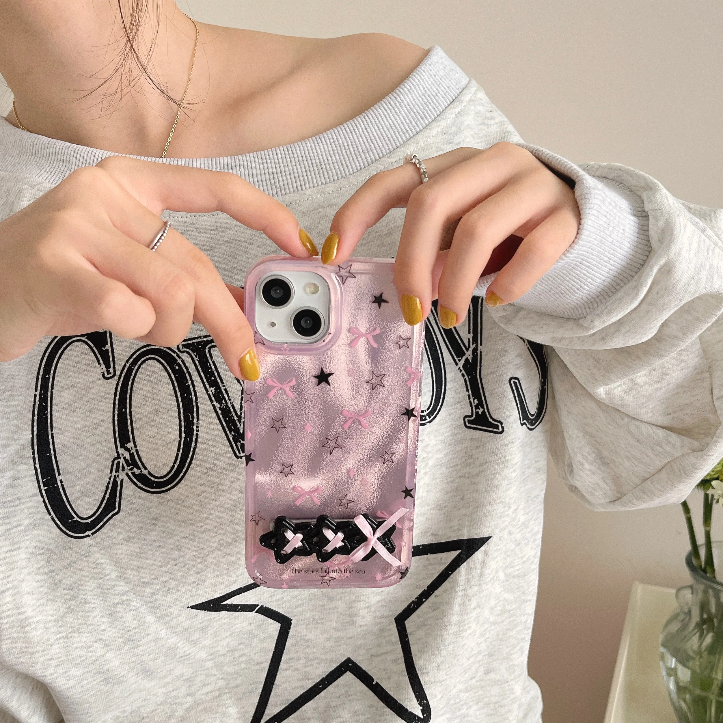 Korean Ins Pink Gradient Glittering Star Kickstand Phone Case for iPhone 15 14 13 11 Pro Max Plus Back Cover for 12 Pro Max