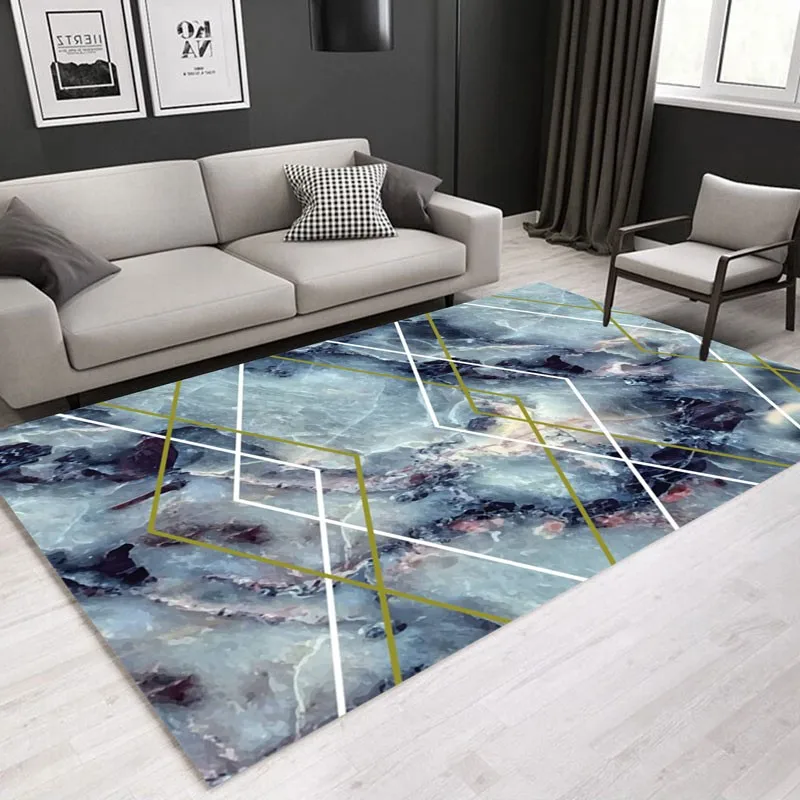 

Reese Velvet Fleece Living Room Carpet Bedroom Rug Parlor Blue Marble Geometric Pattern European Room Sofa Table Floor Decor Mat