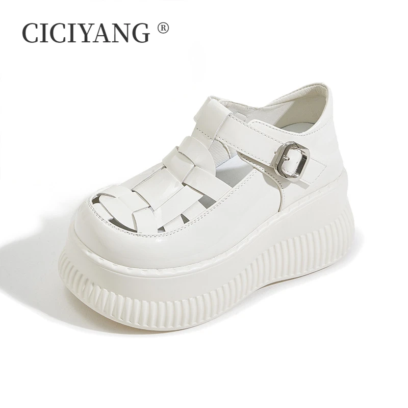 CICIYANG Roman Sandals for Women's Summer 2024 New Ladies Baotou Hollow Loafers 9cm Wedges Platform Sandals Patent Leather Shoes