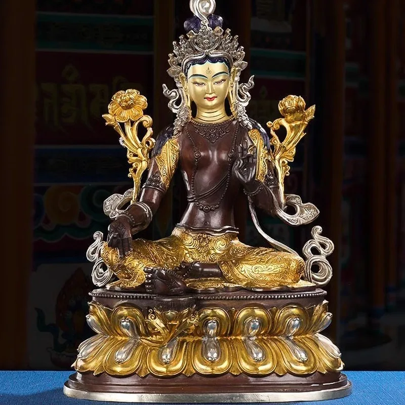 Tibetan Tantric Green Tara Buddha Statue Ornament, Antique Bronze with Gold and Silver Plating, Avalokiteshvara Bodhisattva Budd