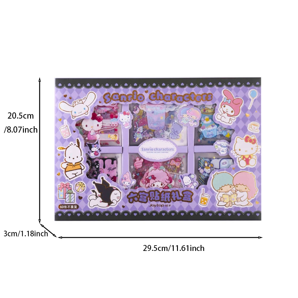 60Sheet Sanrio Kuromi Sticker Kawaii Hello Kitty Cinnamoroll Melody Hand Account Material Decoration DIY Stickers Kids Toys