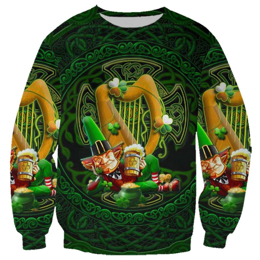 

HX St. Patrick's Day Sweatshirt Cartoon Man Drinks Beer 3D Printed Hoodies Zip Up Hoodie Harajuku Men Women Clothing S-7XL