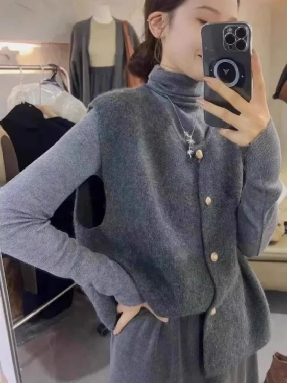 

Вязаный жилет с мягкими глазами, женский зимний модный повседневный топ на пуговицах, тонкий длинный свитер, круглый свитер Ne