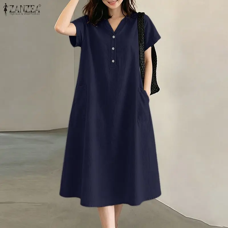 ZANZEA Stylish Women V-Neck Short Sleeve Dress Summer Solid Color Midi Dresses Holiday Button-Up Robe Casual Baggy Work Sundress
