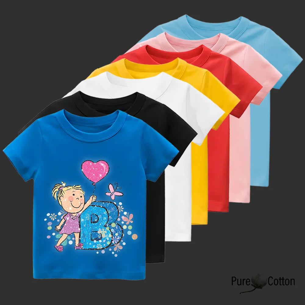 2024 Hot cartoon girl holding balloon print children's T-shirt Fashion children's summer girl clothing Boy short sleeve round ne