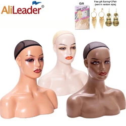 Testa di manichino realistica con pelle di spalla parrucca femminile Display modello testa marrone scuro Beige colore bianco testa di bambola orecchini gratuiti