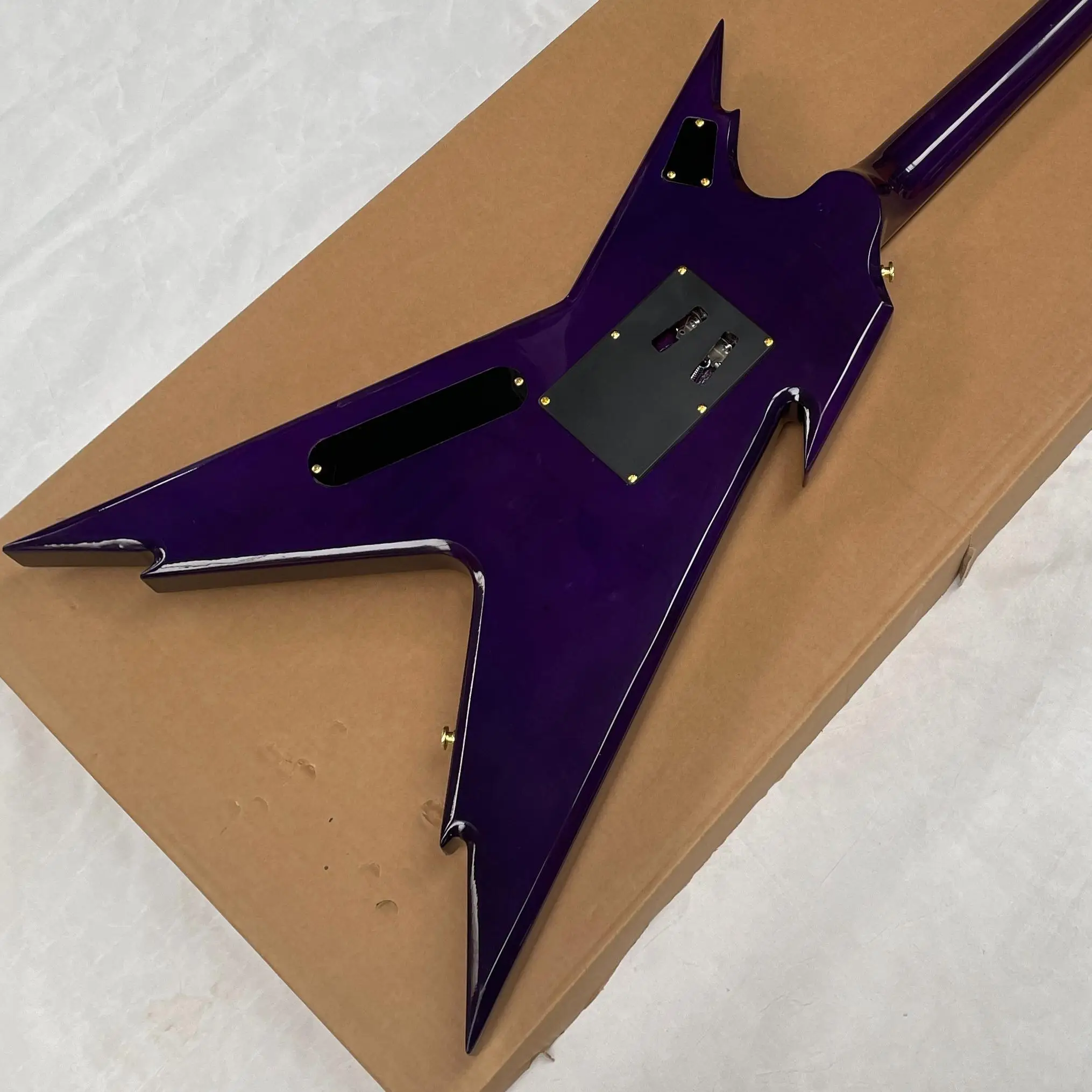 V Electric Guitar, Sunburst Front + Trans Purple Back, Flame Maple Top, HH Pickups, Gold Tremolo, Arrow Inlays