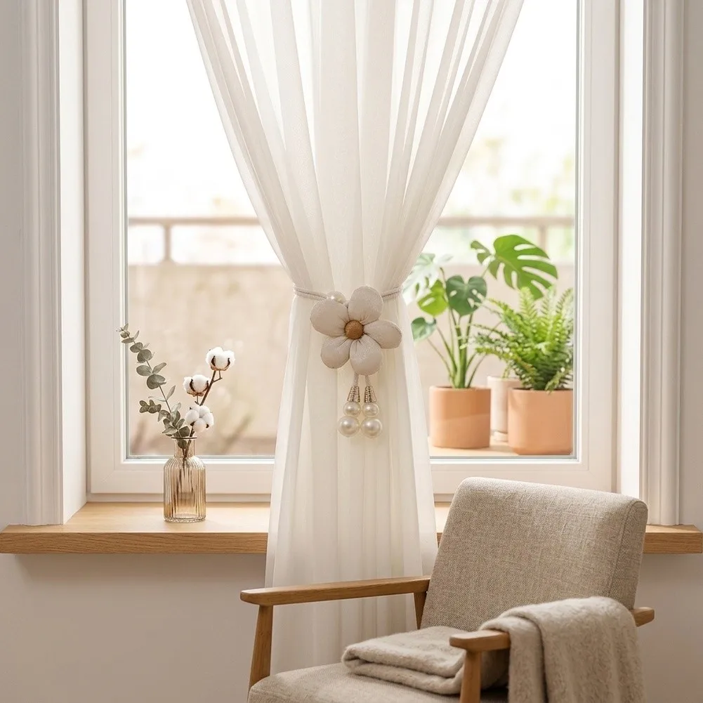 Soft Floral Pattern Curtain Buckle Straps for Home WinFor Dows 4 Pairs 55 cm Total Length 8 cm Flower Creamy White Coffee
