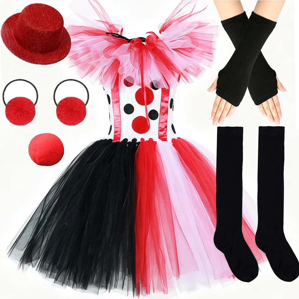 Halloween Party Carnival Circus Clown Performer Themed Tutu Dress With Red Hat Hairpin Nose Accessories Outfit For Kid Role Play