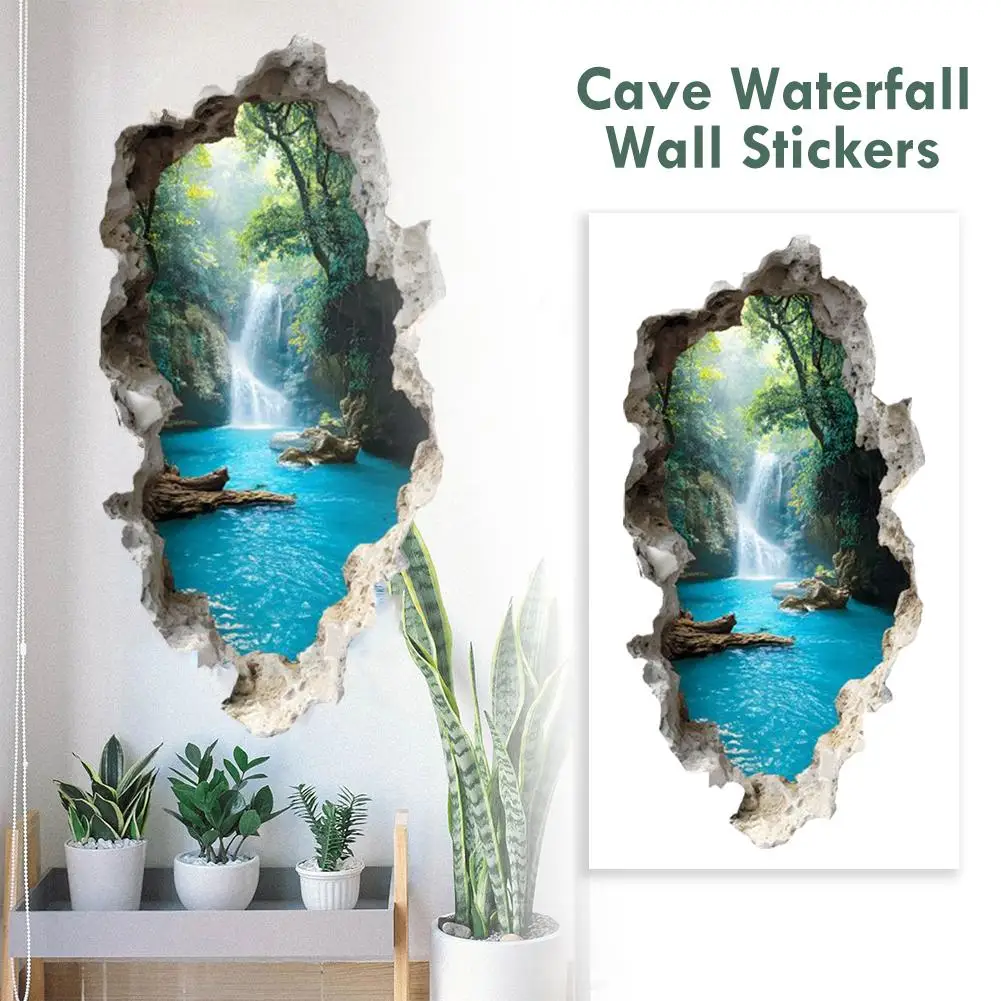 Creative Wall Stickers Hole Valley Waterfall Scenic Bedroom Bathroom Home Mountain Forest Landscape Decoration PVC Mural Sticker