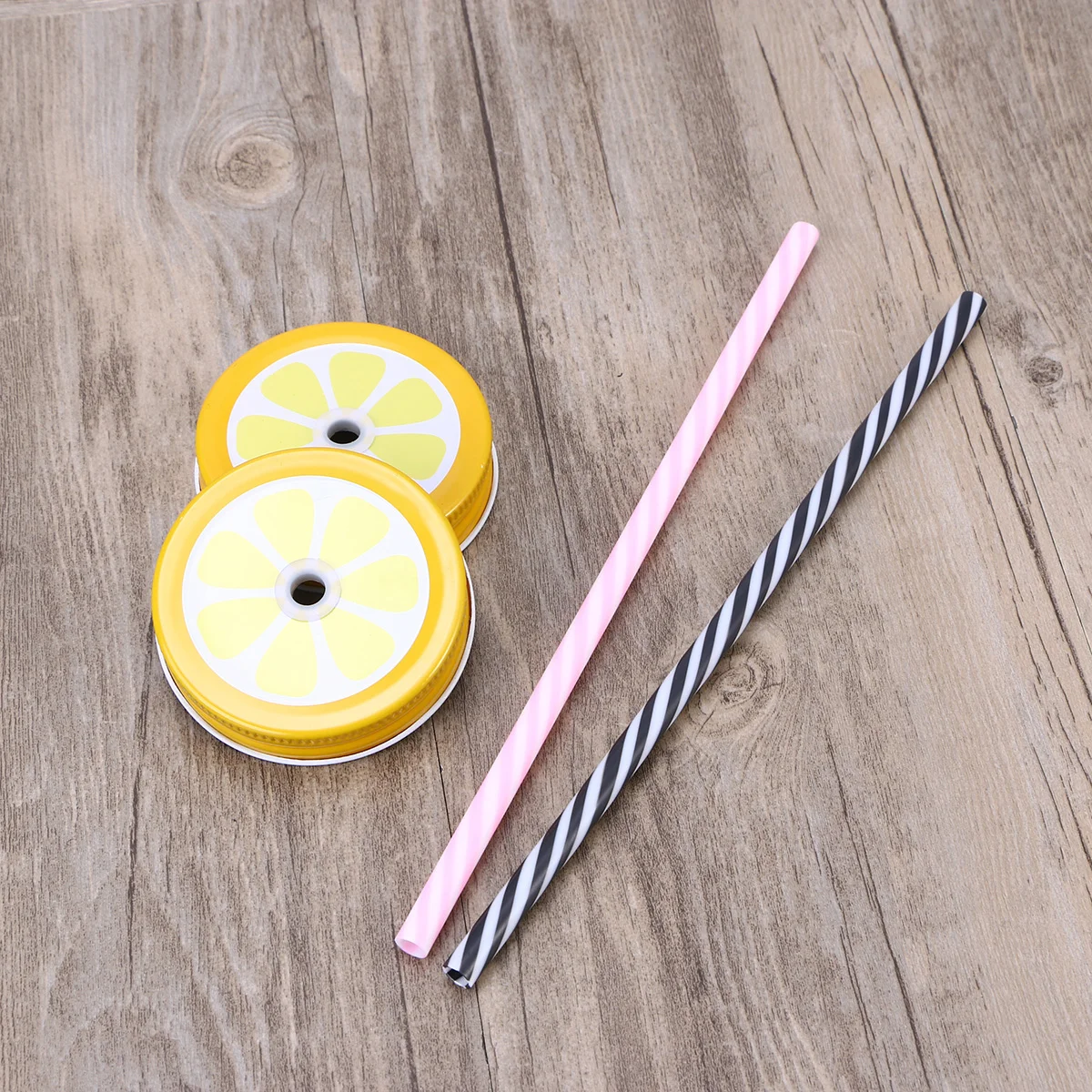 Metal Decorative Regular Mouth Mason Jar Lids with Straw Hole with 8 Decoration Lids 8 Striped Plastic Straw Set 2 Straw Wrench