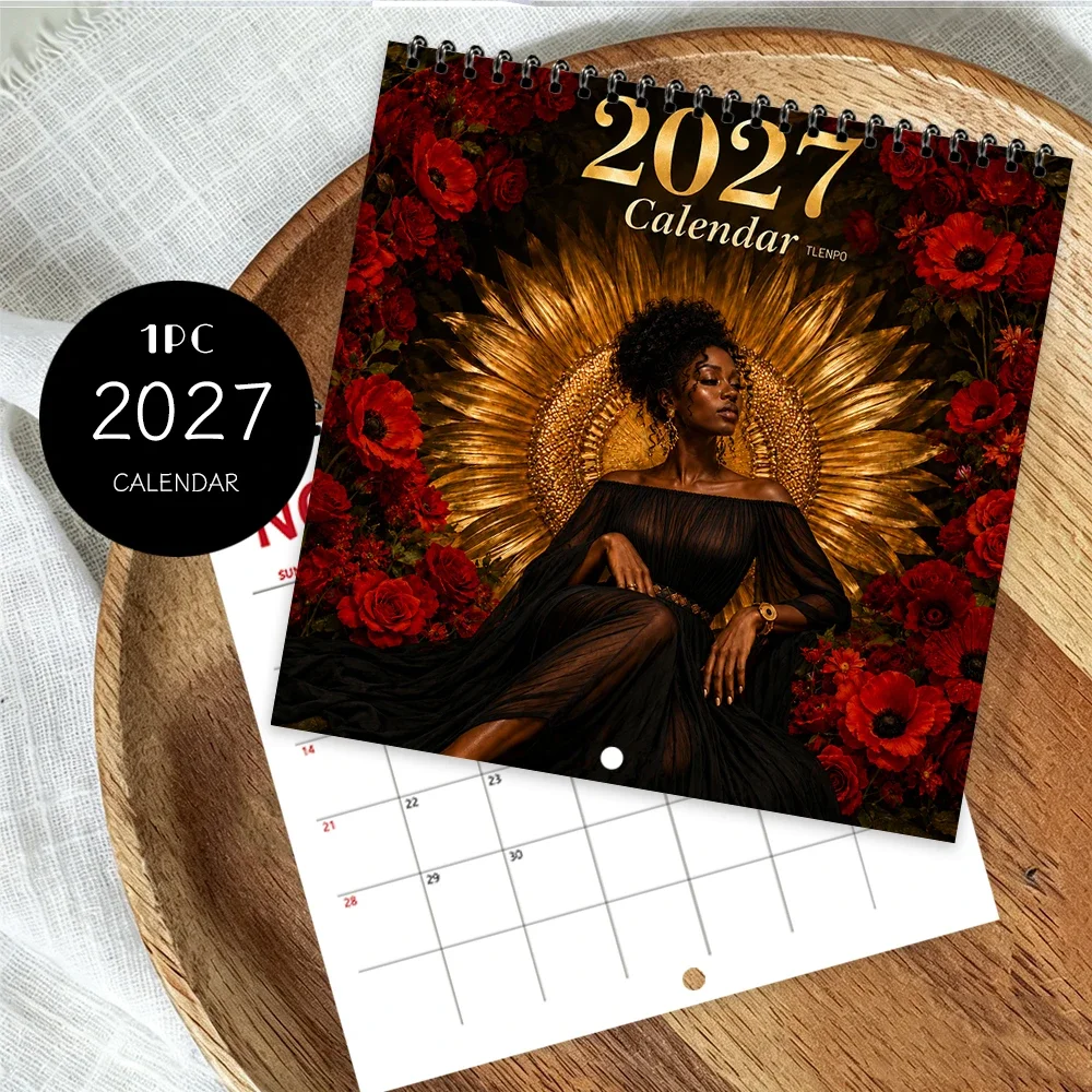 1pc 2027 Wall Calendar, Floral Black Women,12-Month Monthly Planner, Perfect Gift For Back-to-School Season, Christmas, New Year