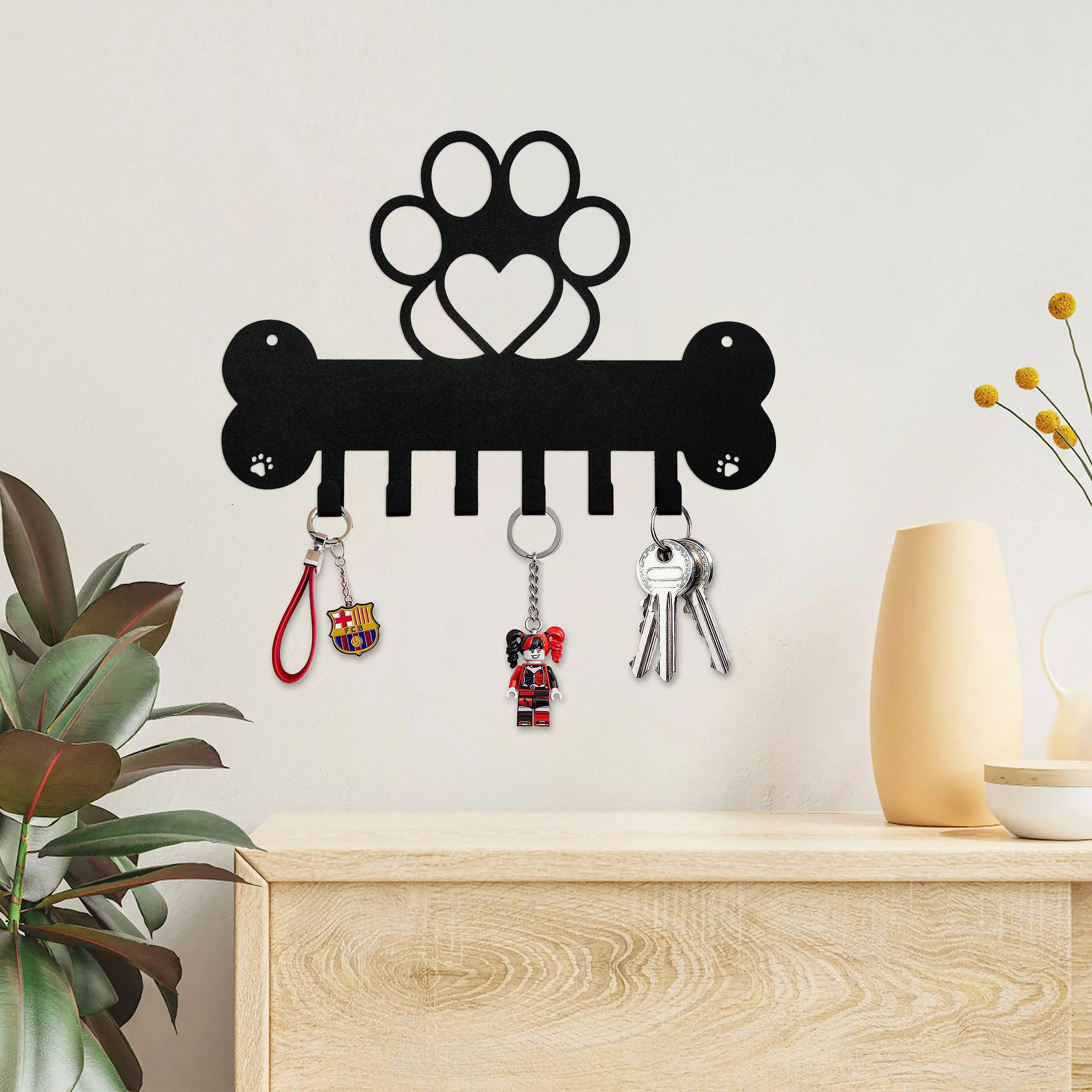 2D Metal Dog Leash Holder for Wall, Pet Leash Hook Bone and Paw Design, Unique Metal Key Holder Wall Mount, Dog Decor Gifts
