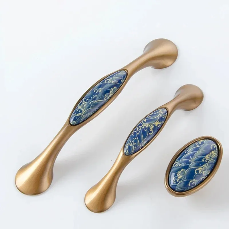 Modern Vintage Blue Wave Ceramic Cabinet Pull Knob Household Furniture Decoration Hardware Accessory For Drawer