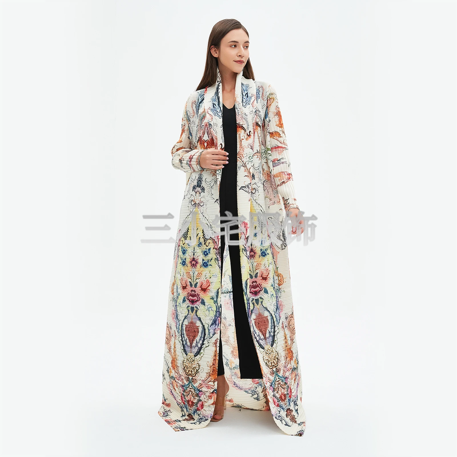 YUDX Miyake Long Sleeve Printed Dress Windbreak Women 2024 Winter New Original Designer Abayas Turndown Collar Belted Coats