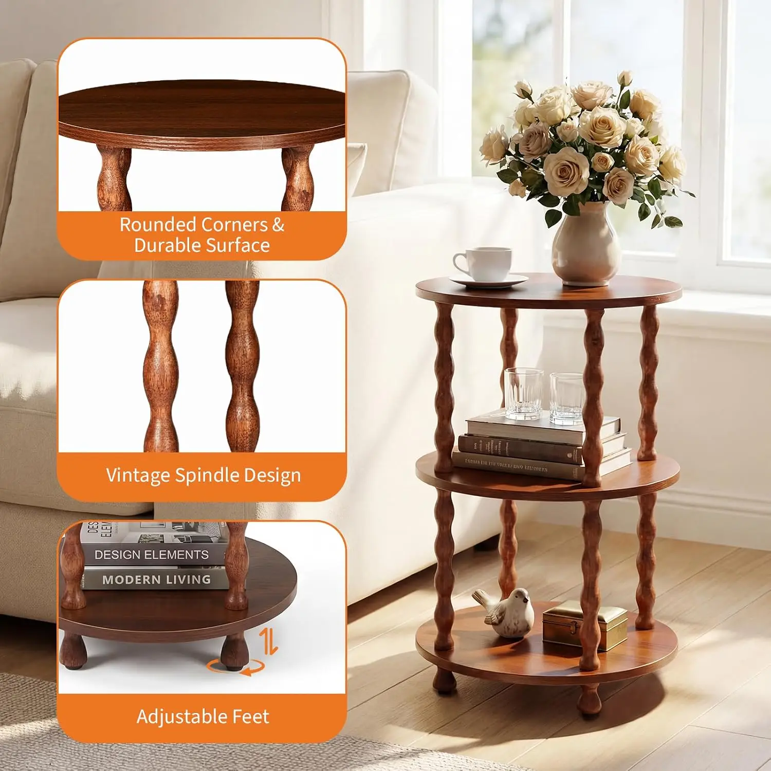 3-Tier Layer Circular Side Table Multi-functional Tool Hanging Floor Shelf Artistic Coffee Table Space-saving Sofa Side Table  for Living Room Bedroom Office Nursery
