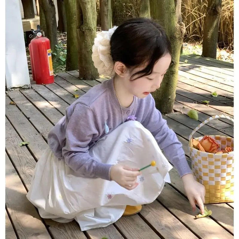 Children's Clothing New Style Girls Knitted Cardigan With Embroidered Skirt Set Spring Fashionable Korean Style Purple Trendy