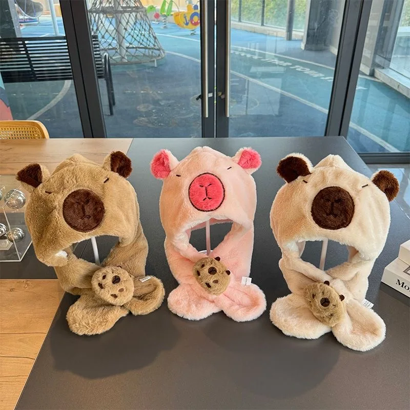 

Children's cute capybara one-piece hat winter thick fur hat scarf all-in-one baby capibara earmuff