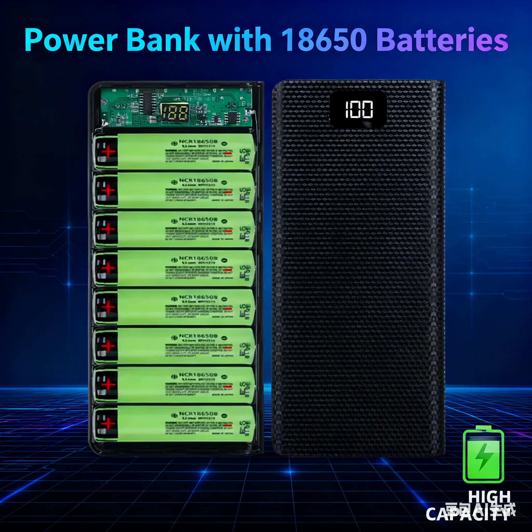 C18 Portable Power Bank Case, Fit 8x18650 Battery, Dual USB & LCD Display, DIY Protector Box (Battery Not Included), Durable.